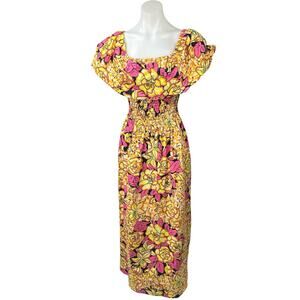 Marine Women's Yellow Pink Floral Tropical Smocked Waist A Line Maxi Dress Sz L